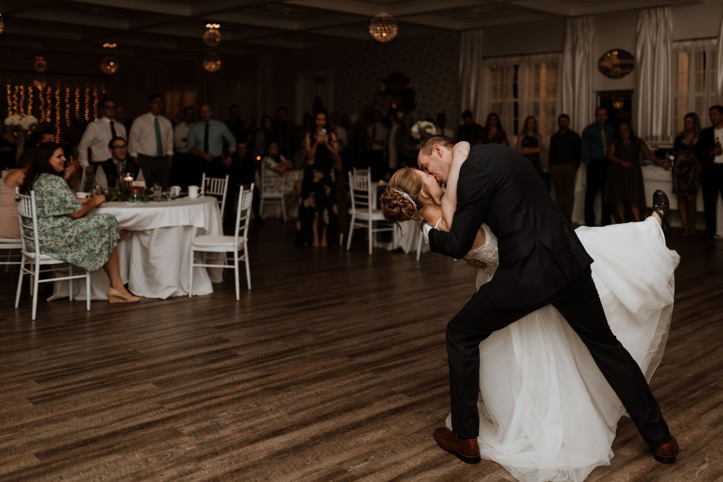 Newlywed couple having their first dance in front of 100 guests.